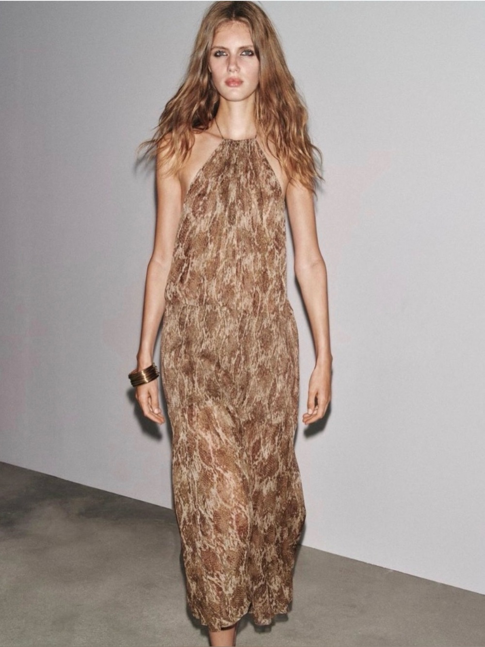 ZARA Collection flowing animal print smocked, backless halter dress XS NWT